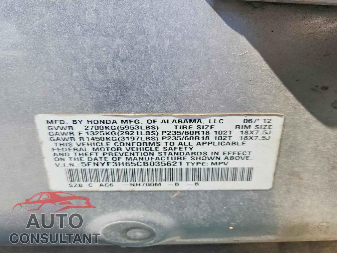 HONDA PILOT 2012 - 5FNYF3H65CB035621