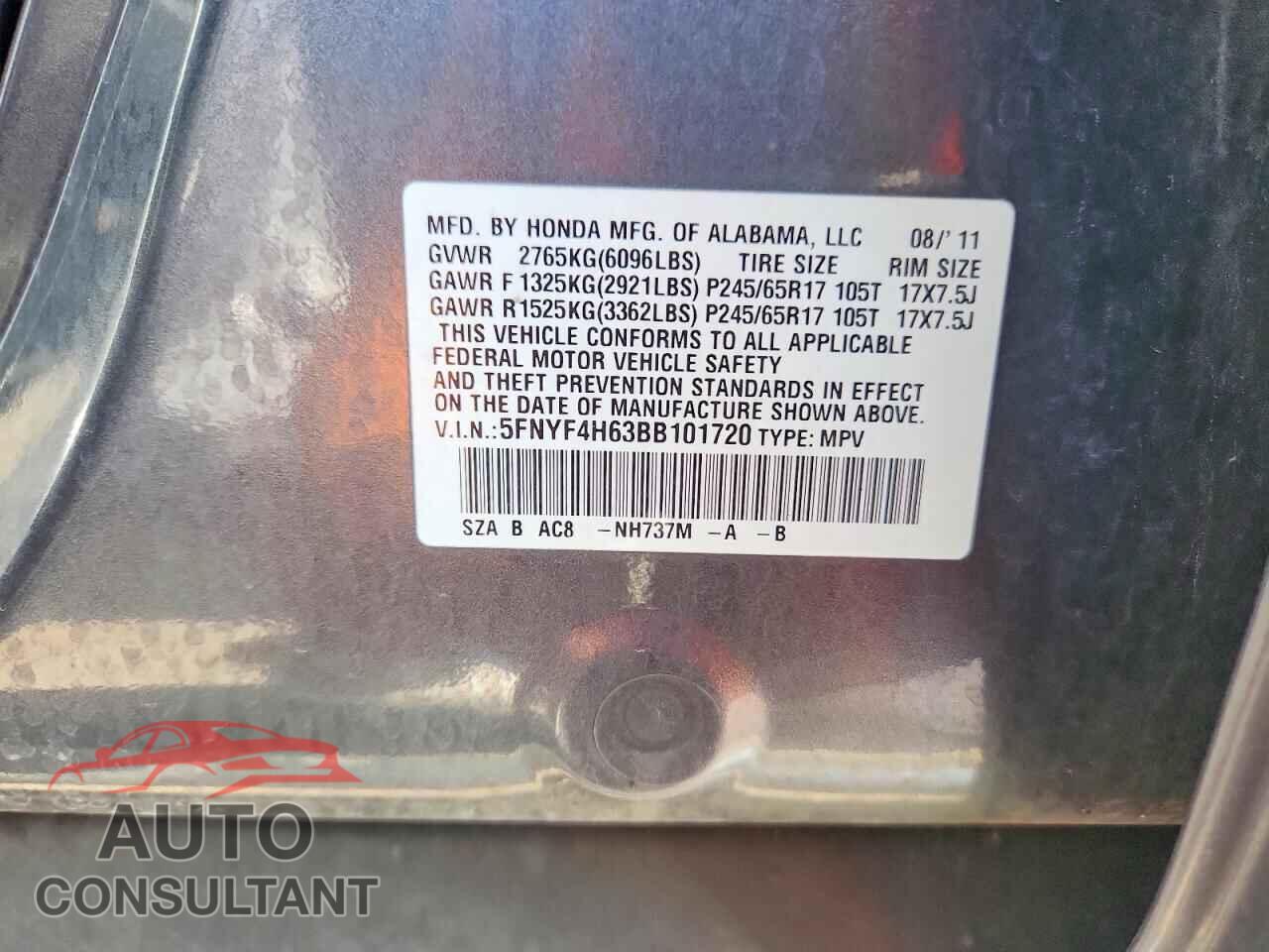 HONDA PILOT 2011 - 5FNYF4H63BB101720