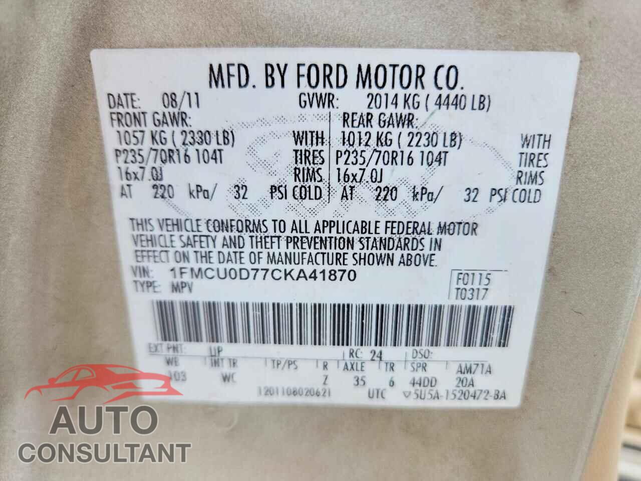 FORD ESCAPE 2012 - 1FMCU0D77CKA41870