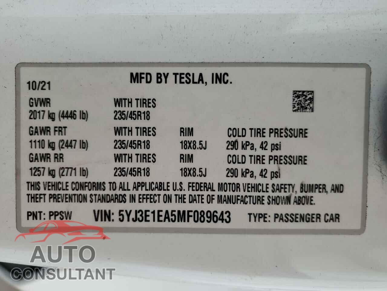 TESLA MODEL 3 2021 - 5YJ3E1EA5MF089643