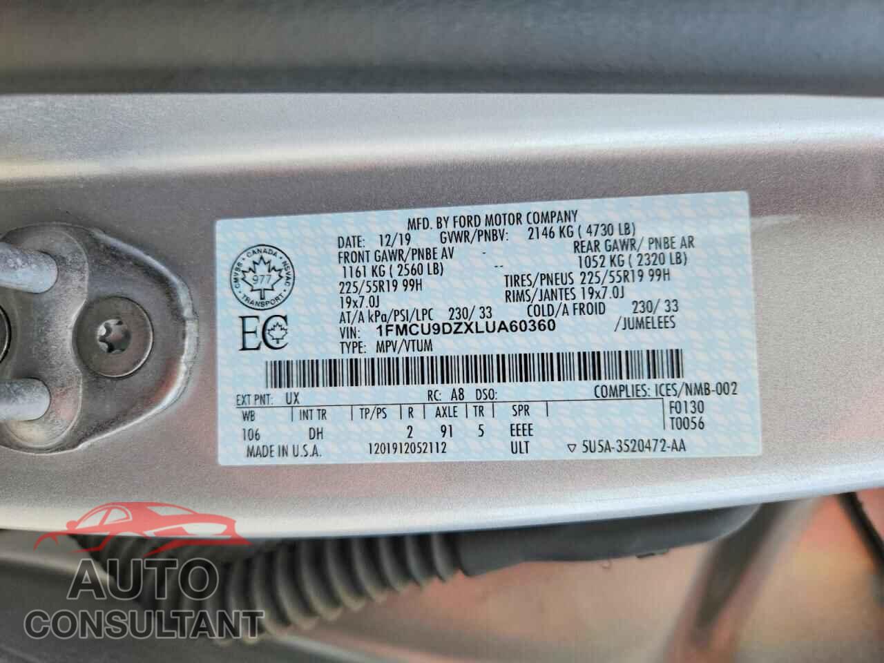 FORD ESCAPE 2020 - 1FMCU9DZXLUA60360