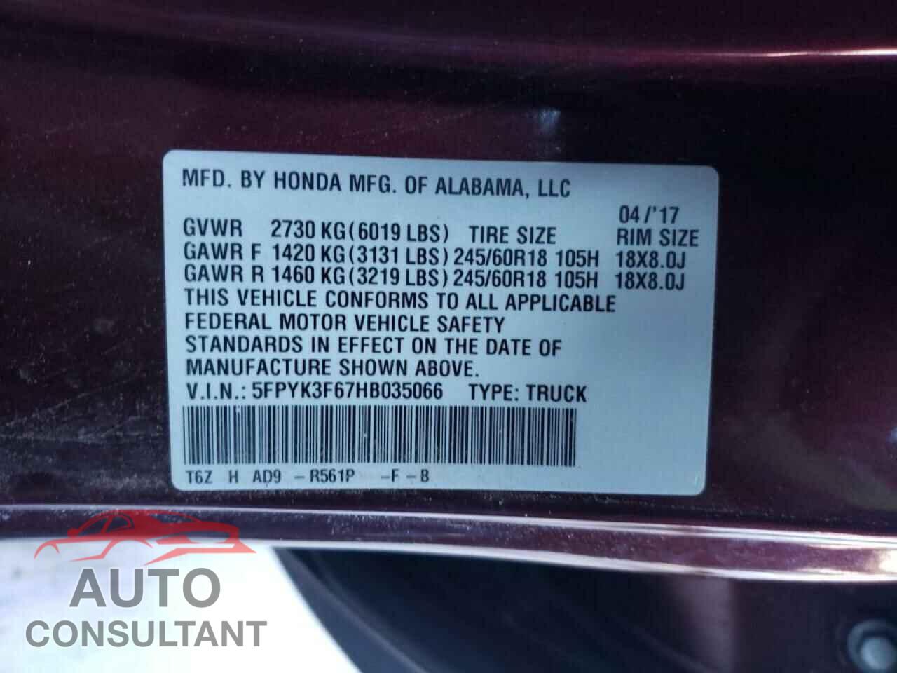 HONDA RIDGELINE 2017 - 5FPYK3F67HB035066