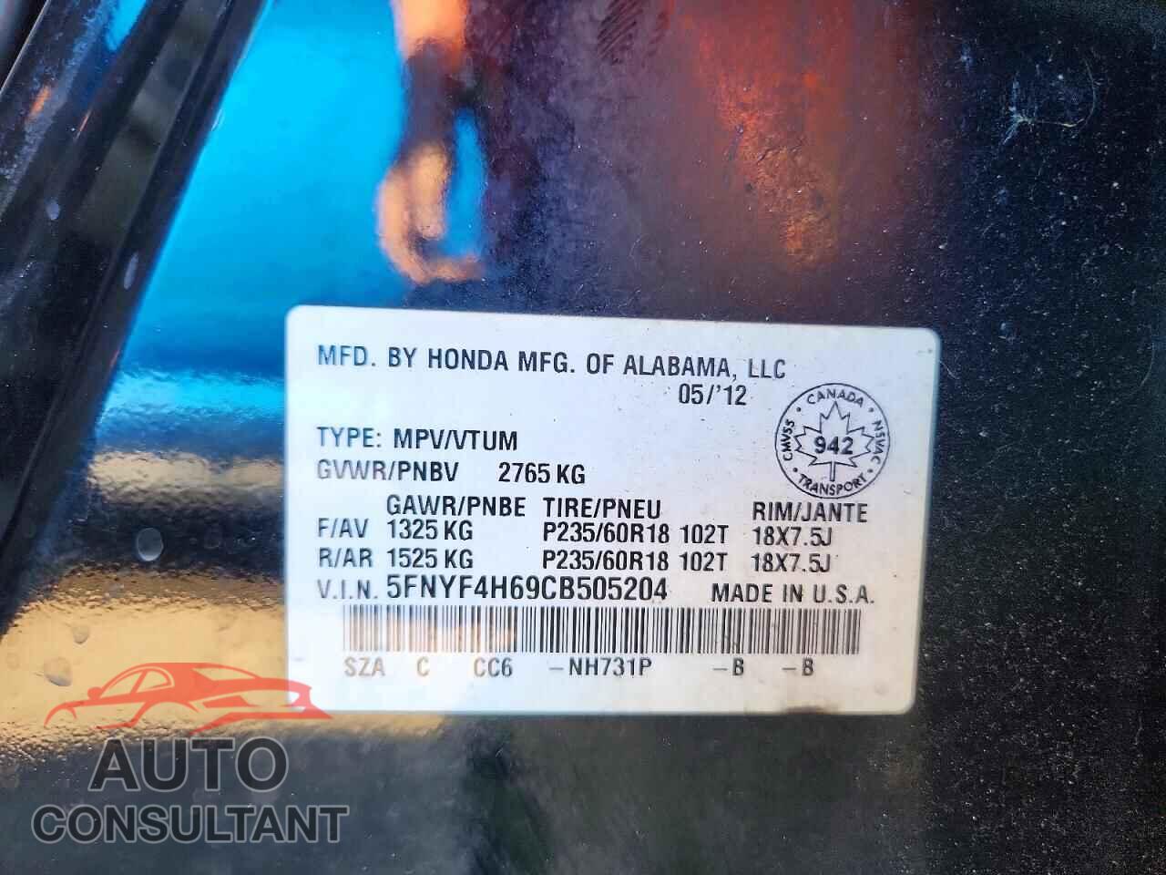 HONDA PILOT 2012 - 5FNYF4H69CB505204