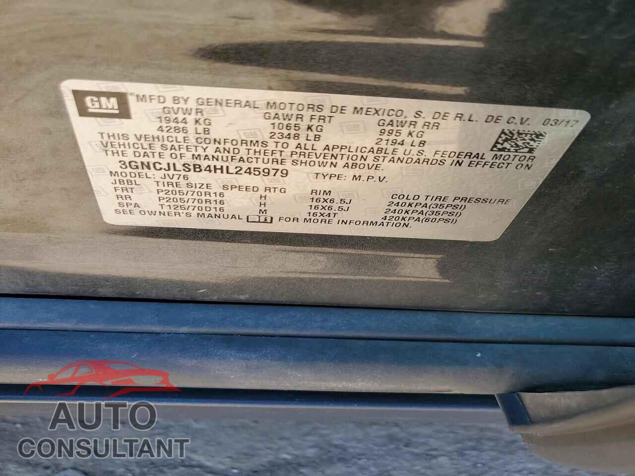CHEVROLET TRAX 2017 - 3GNCJLSB4HL245979