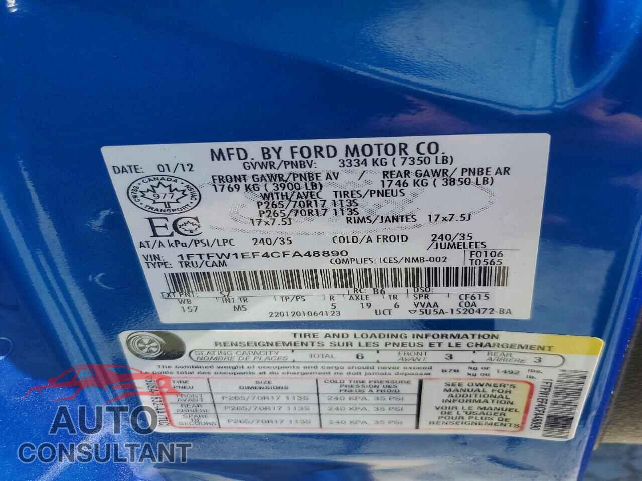 FORD F150 2012 - 1FTFW1EF4CFA48890
