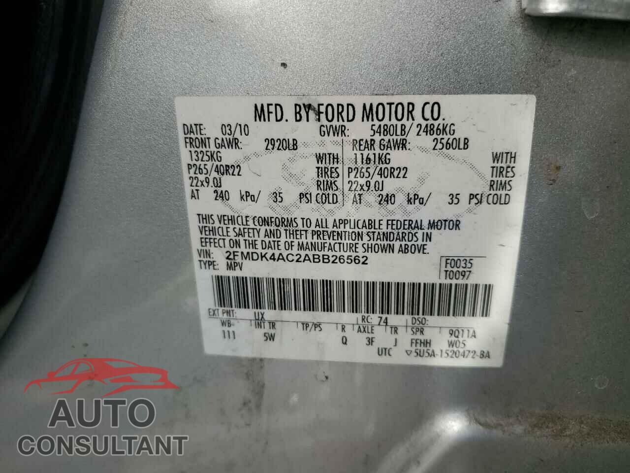 FORD EDGE 2010 - 2FMDK4AC2ABB26562