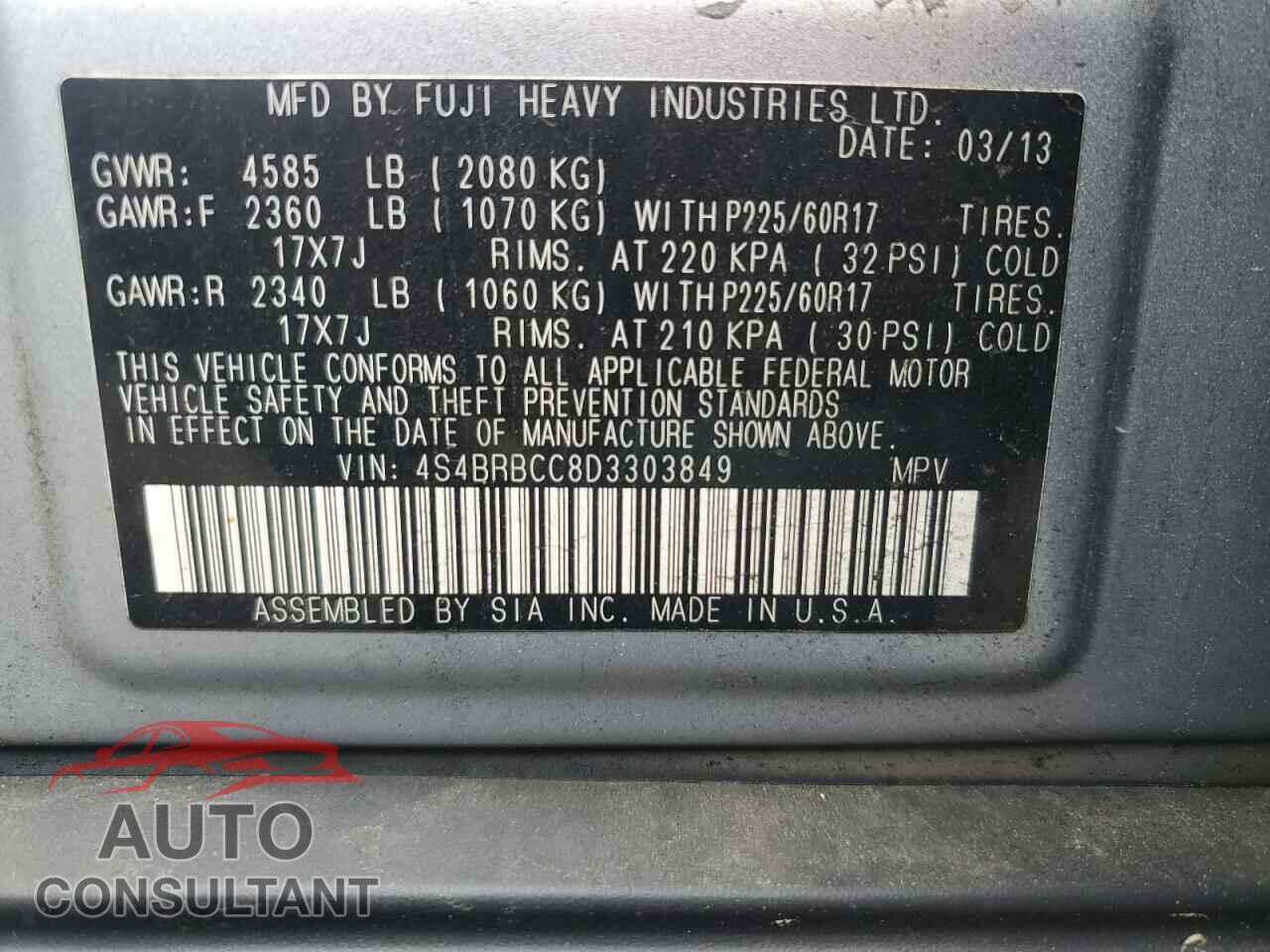 SUBARU OUTBACK 2013 - 4S4BRBCC8D3303849