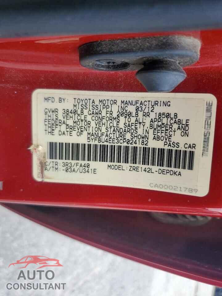 TOYOTA COROLLA 2012 - 5YFBU4EE3CP024182