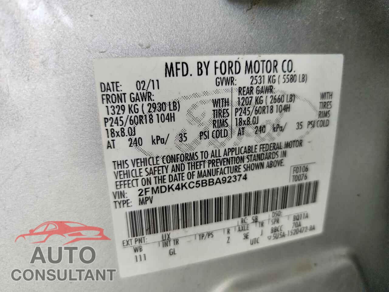 FORD EDGE 2011 - 2FMDK4KC5BBA92374