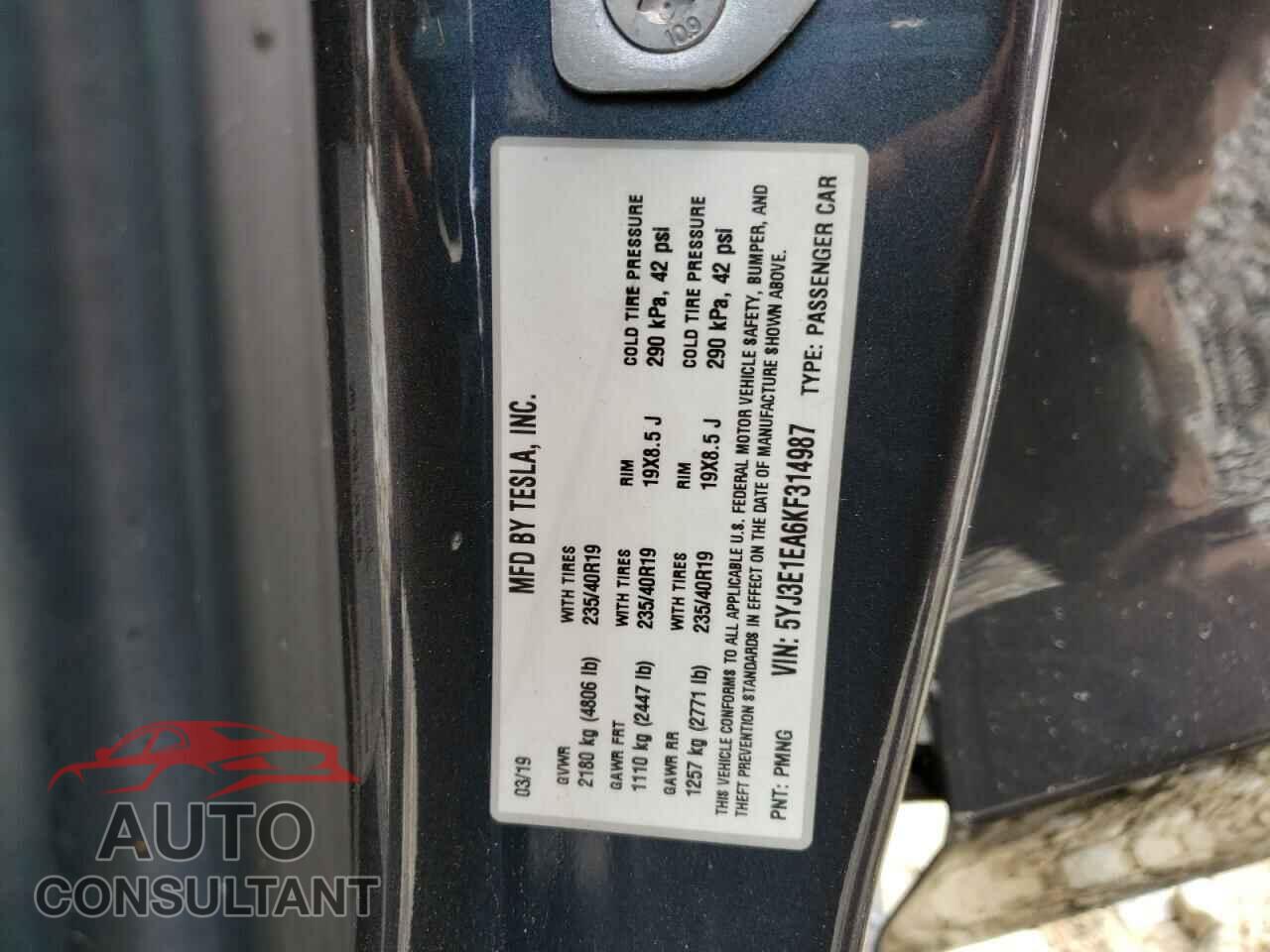 TESLA MODEL 3 2019 - 5YJ3E1EA6KF314987
