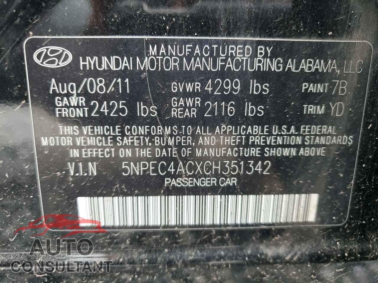 HYUNDAI SONATA 2012 - 5NPEC4ACXCH351342