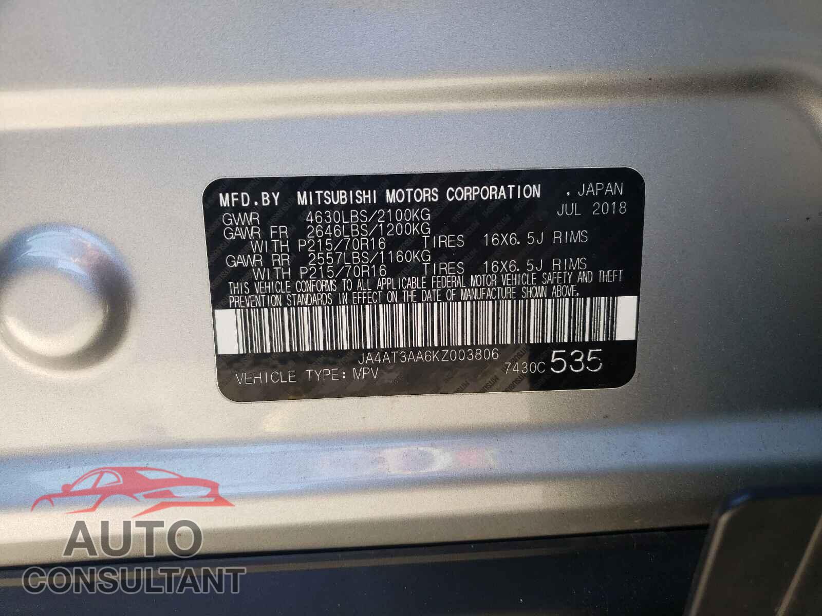 MITSUBISHI ECLIPSE 2019 - JA4AT3AA6KZ003806