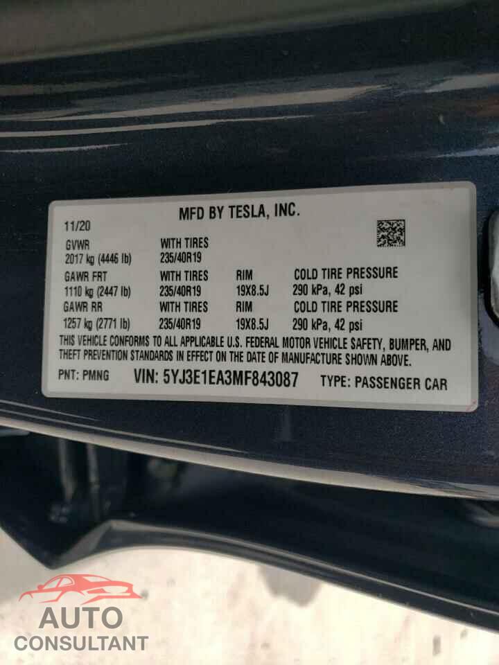 TESLA MODEL 3 2021 - 5YJ3E1EA3MF843087