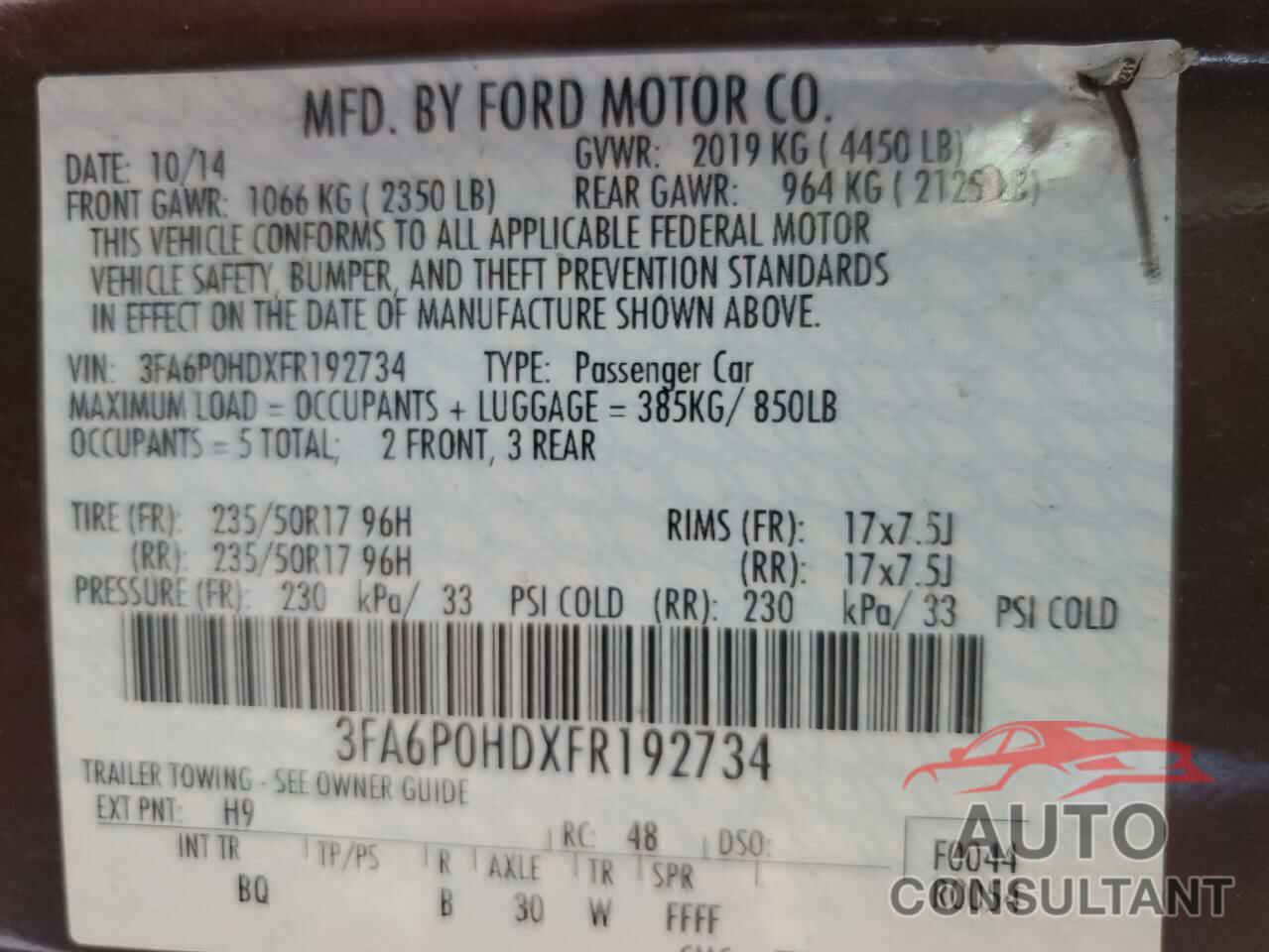 FORD FUSION 2015 - 3FA6P0HDXFR192734