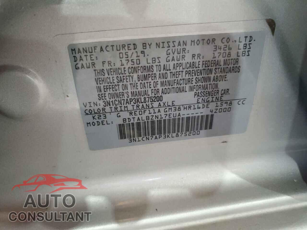 NISSAN VERSA 2019 - 3N1CN7AP3KL875200
