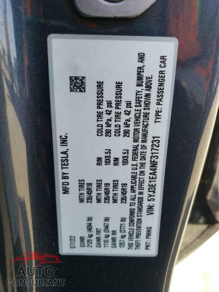 TESLA MODEL 3 2022 - 5YJ3E1EA4NF317231