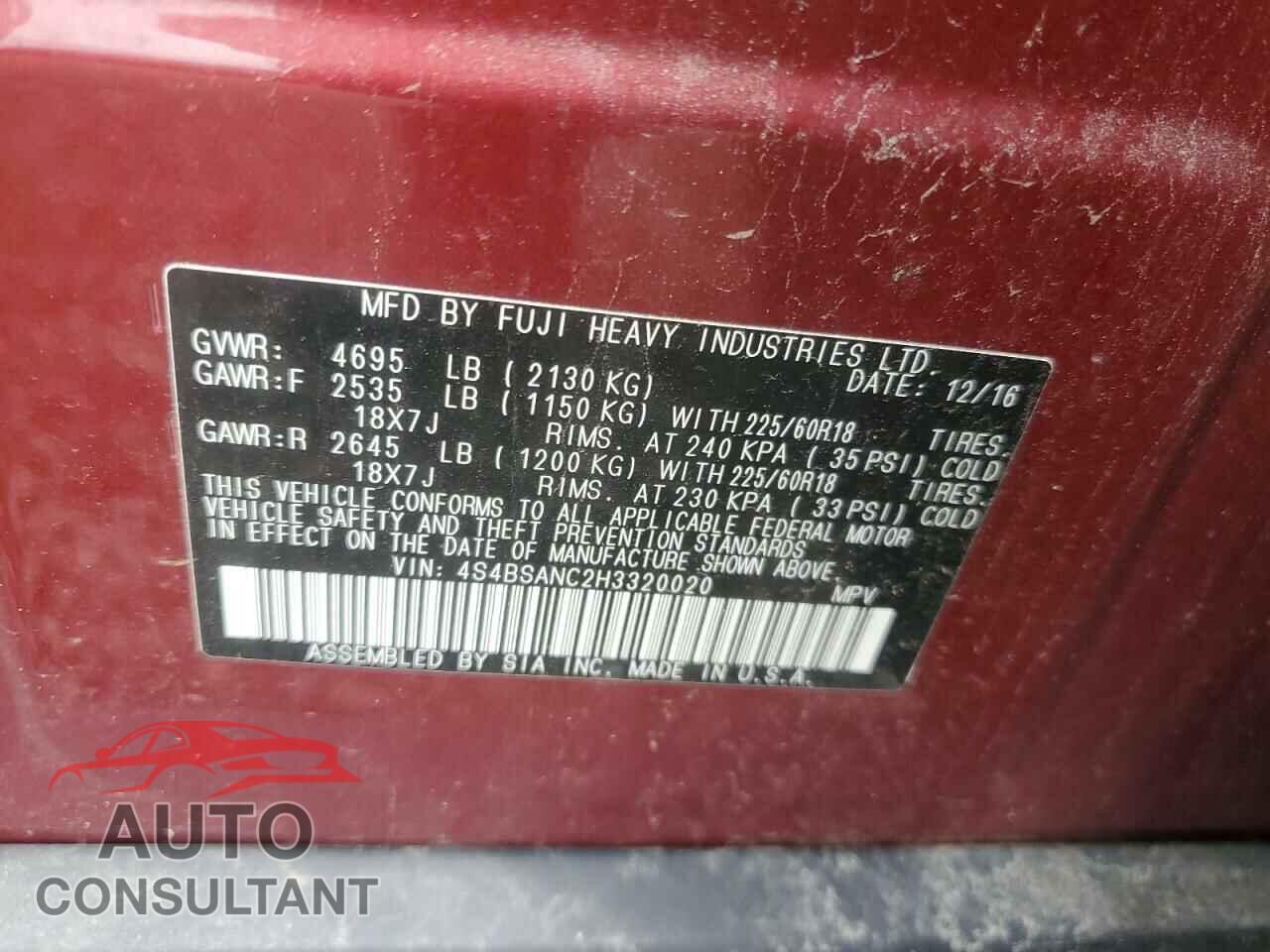 SUBARU OUTBACK 2017 - 4S4BSANC2H3320020