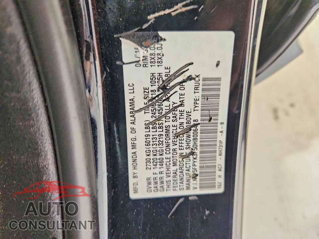 HONDA RIDGELINE 2017 - 5FPYK3F50HB006418