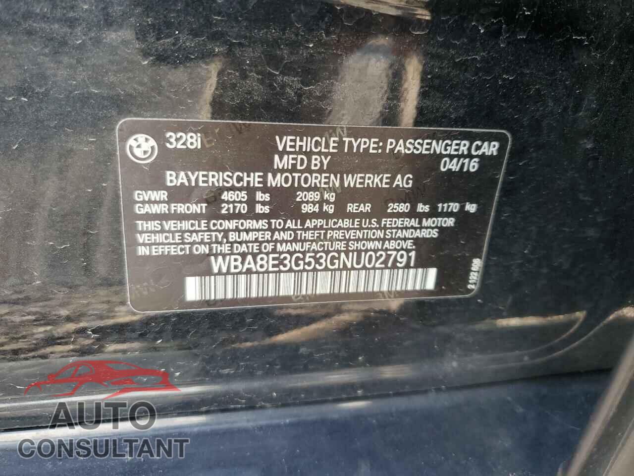 BMW 3 SERIES 2016 - WBA8E3G53GNU02791