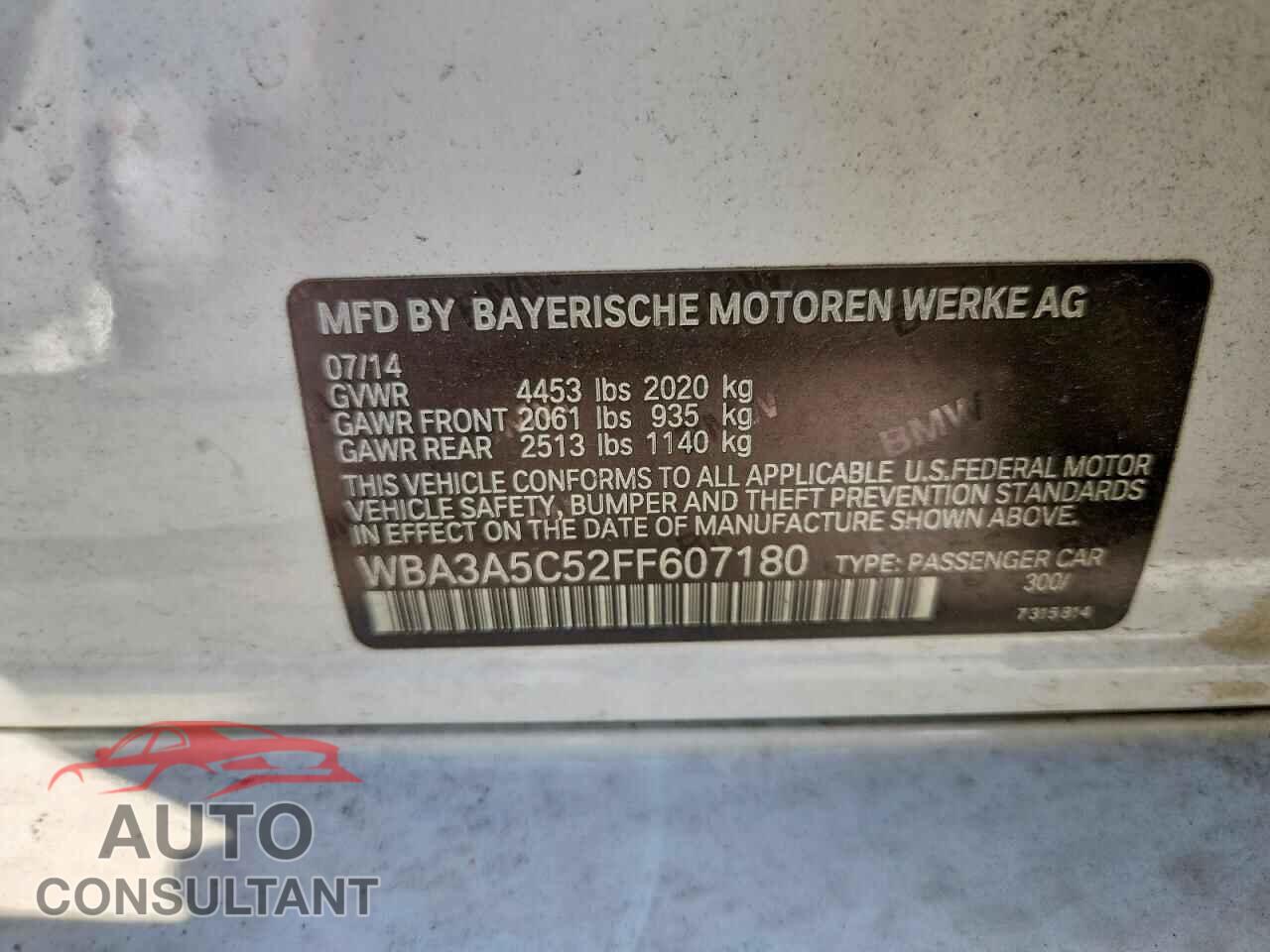 BMW 3 SERIES 2015 - WBA3A5C52FF607180