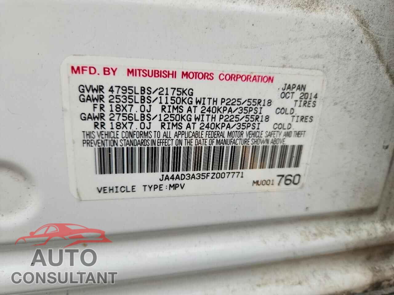 MITSUBISHI OUTLANDER 2015 - JA4AD3A35FZ007771