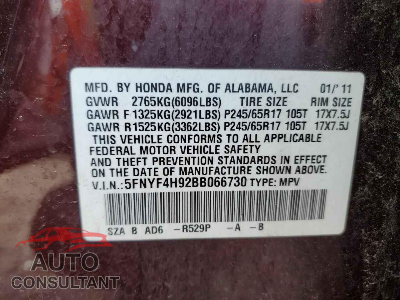 HONDA PILOT 2011 - 5FNYF4H92BB066730