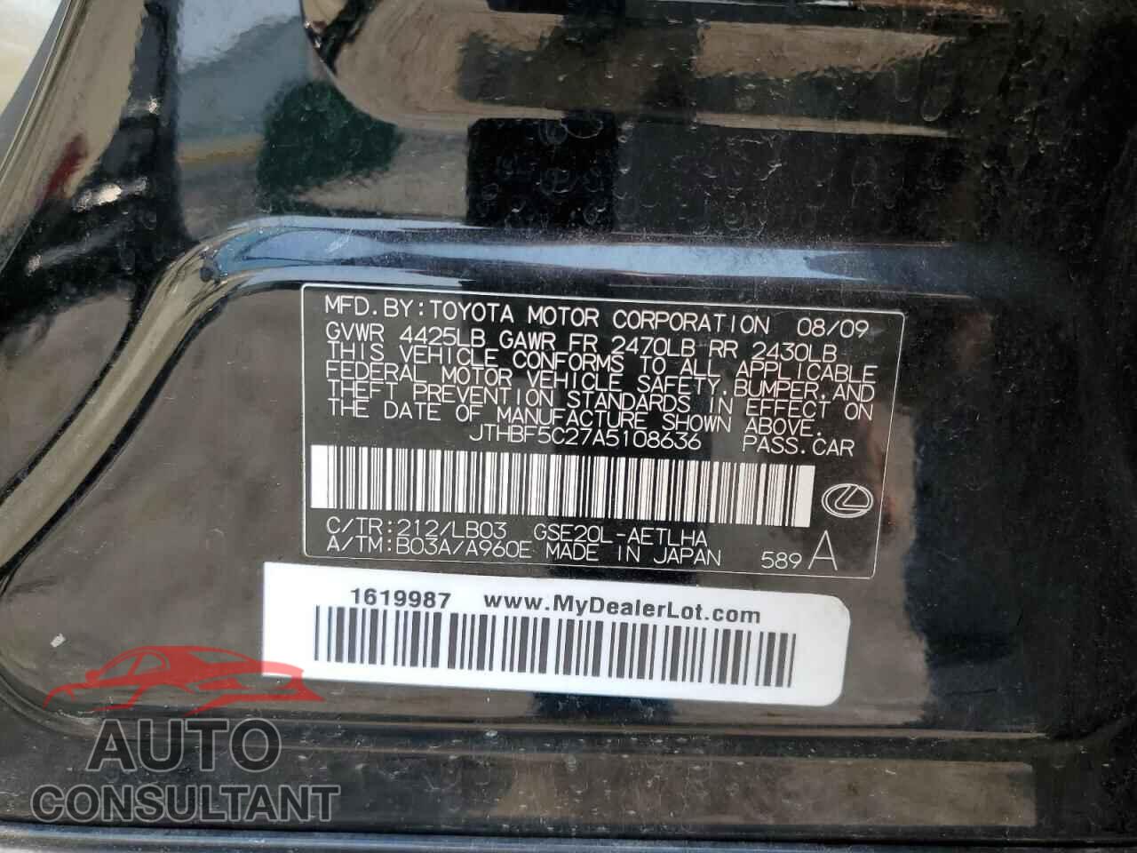 LEXUS IS 2010 - JTHBF5C27A5108636