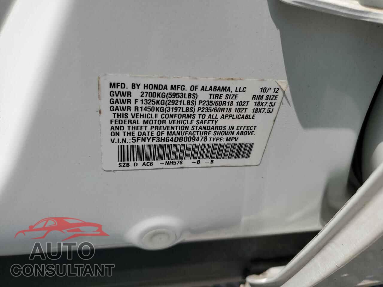 HONDA PILOT 2013 - 5FNYF3H64DB009478