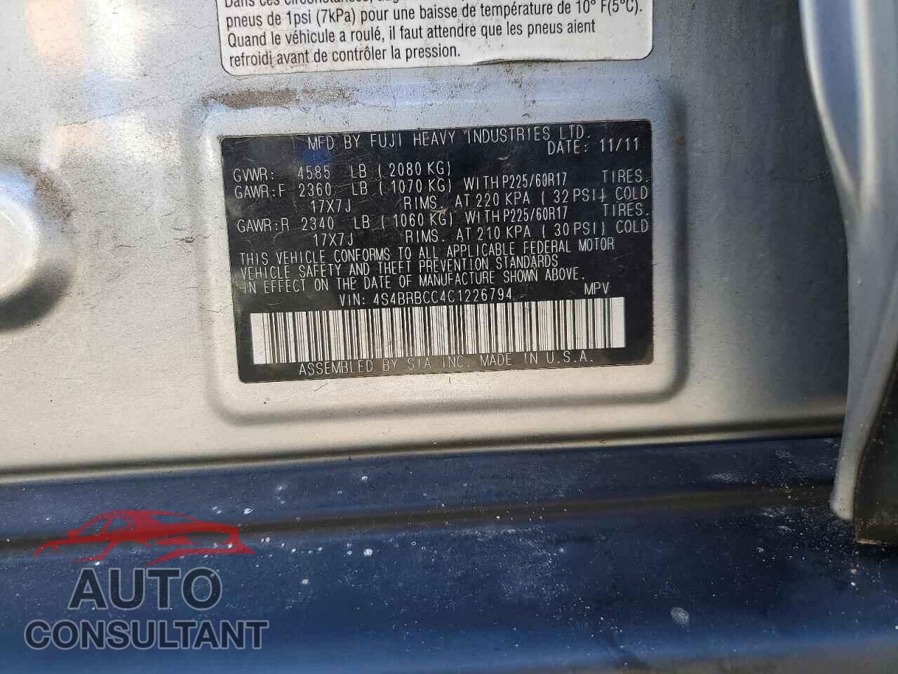 SUBARU OUTBACK 2012 - 4S4BRBCC4C1226794