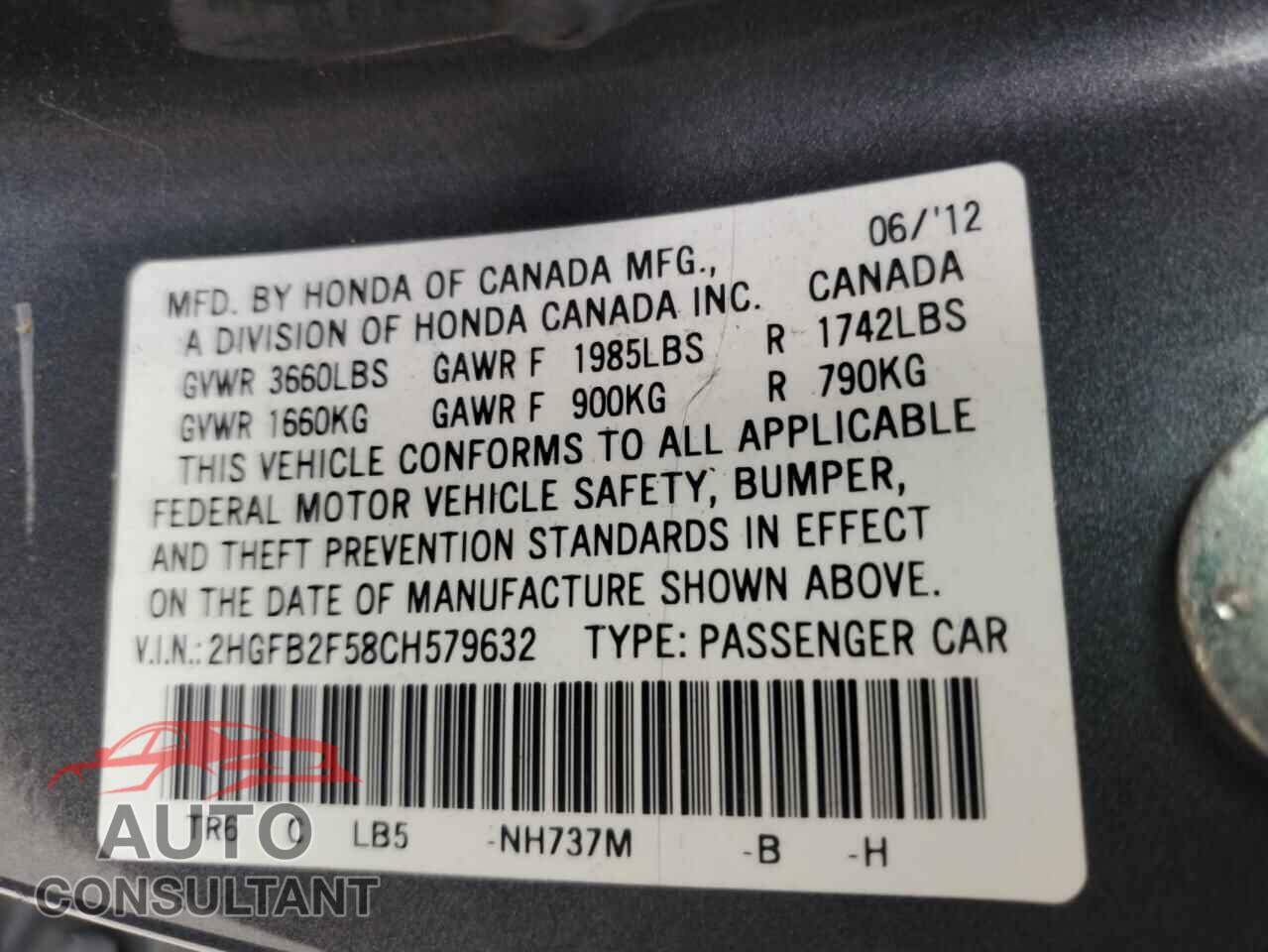 HONDA CIVIC 2012 - 2HGFB2F58CH579632