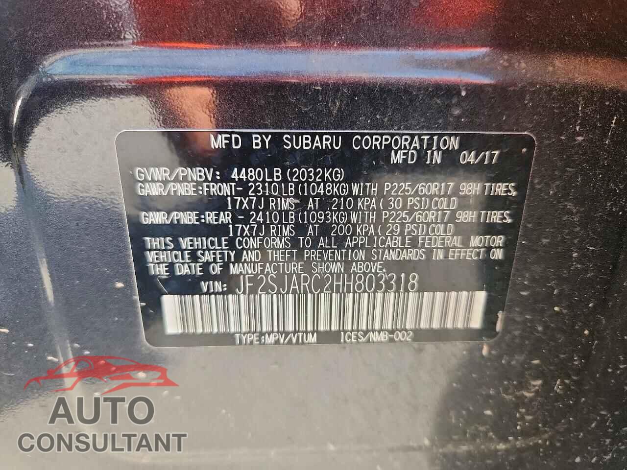 SUBARU FORESTER 2017 - JF2SJARC2HH803318