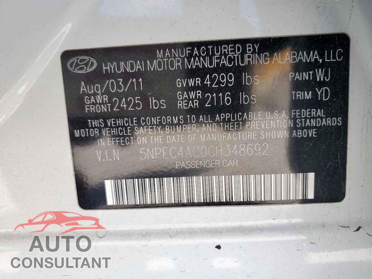 HYUNDAI SONATA 2012 - 5NPEC4AC0CH348692