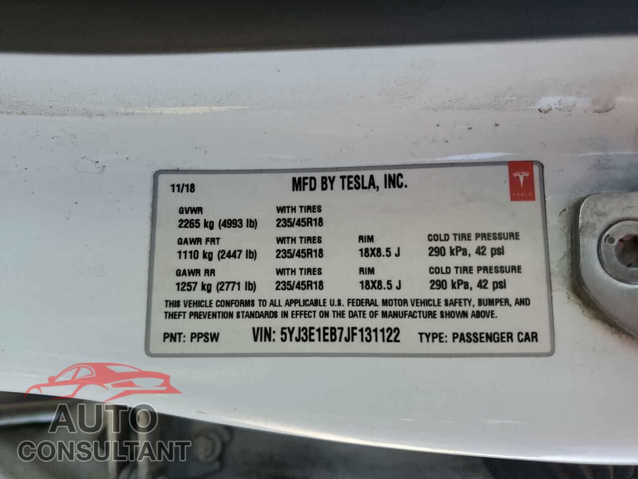 TESLA MODEL 3 2018 - 5YJ3E1EB7JF131122