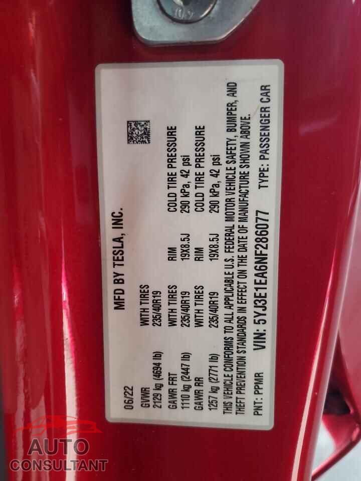 TESLA MODEL 3 2022 - 5YJ3E1EA6NF286077