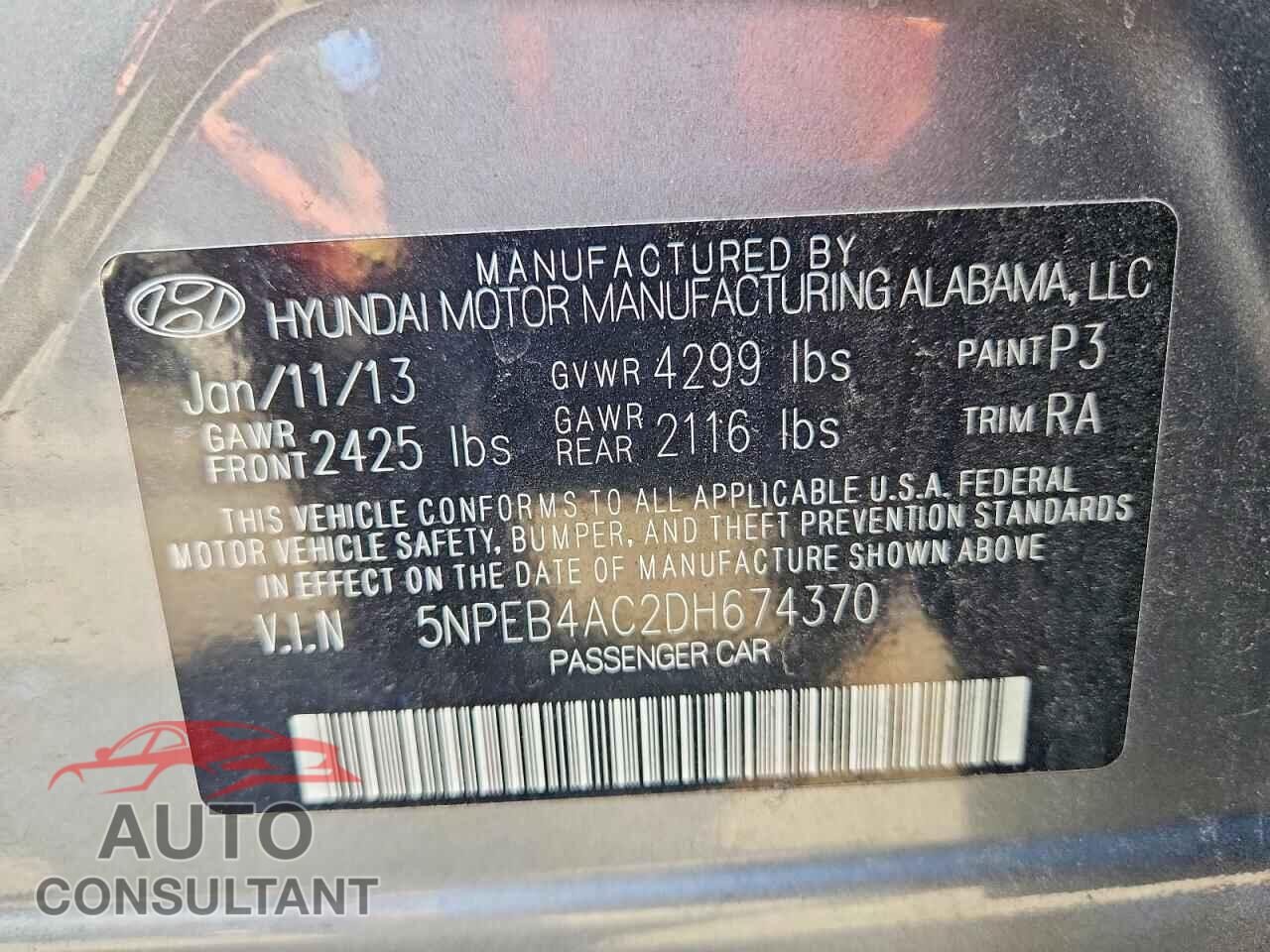 HYUNDAI SONATA 2013 - 5NPEB4AC2DH674370