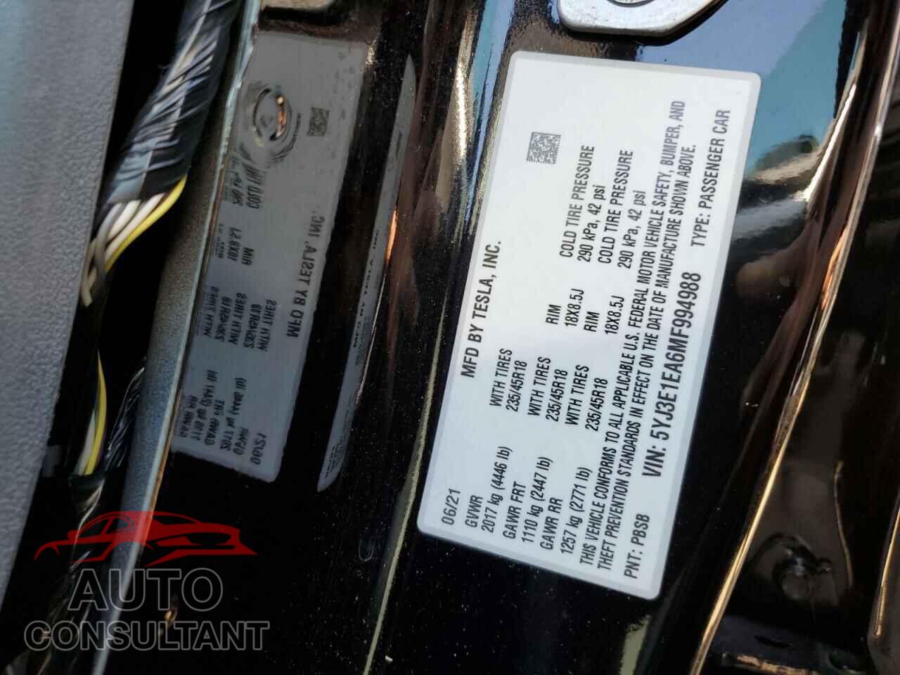 TESLA MODEL 3 2021 - 5YJ3E1EA6MF994988