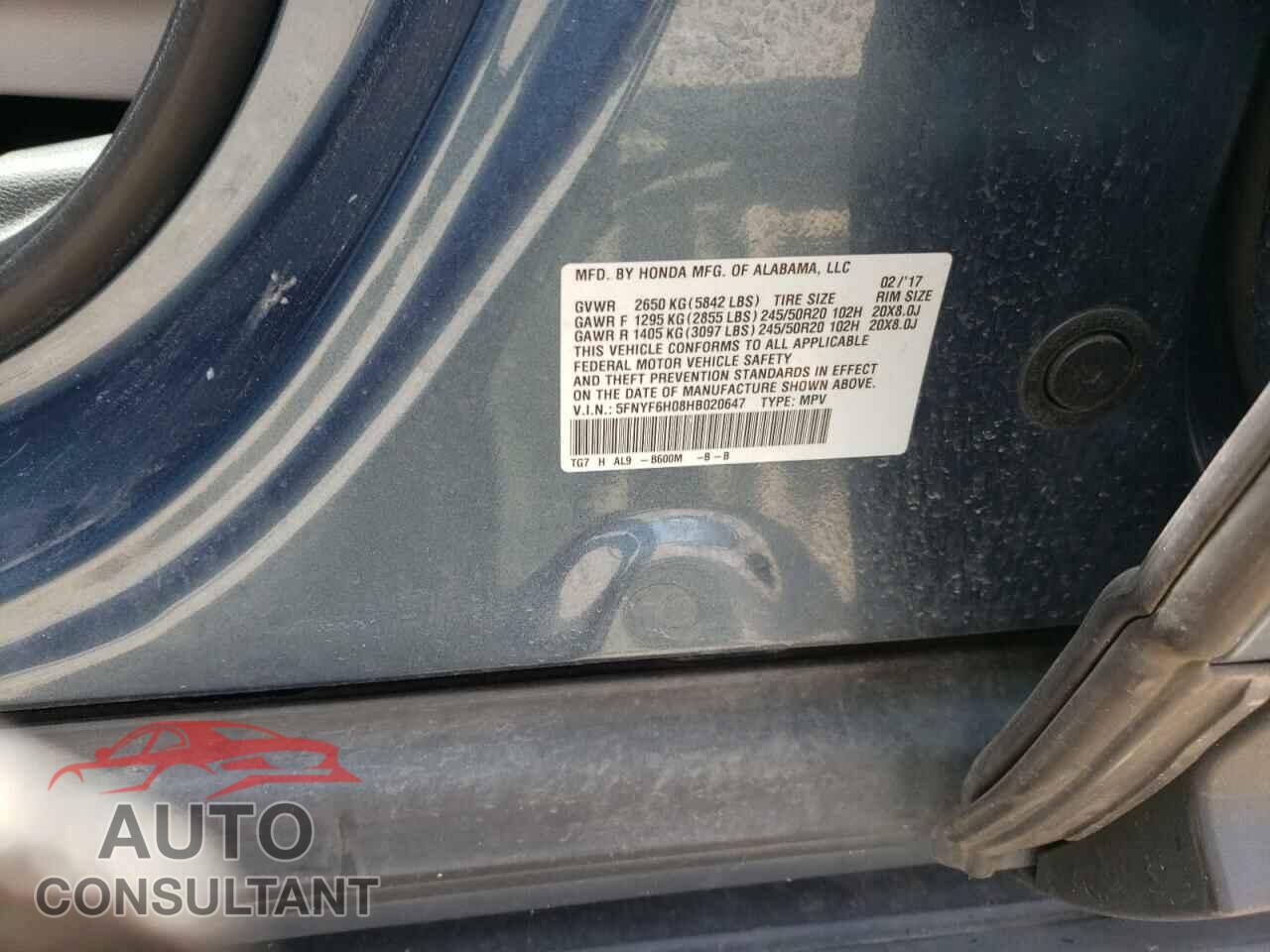 HONDA PILOT 2017 - 5FNYF6H08HB020647