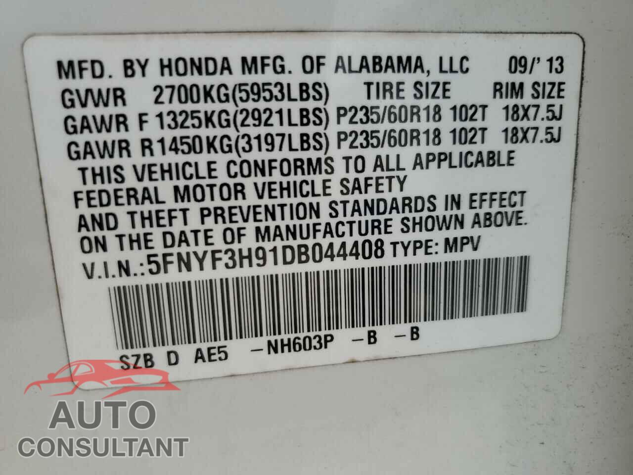 HONDA PILOT 2013 - 5FNYF3H91DB044408