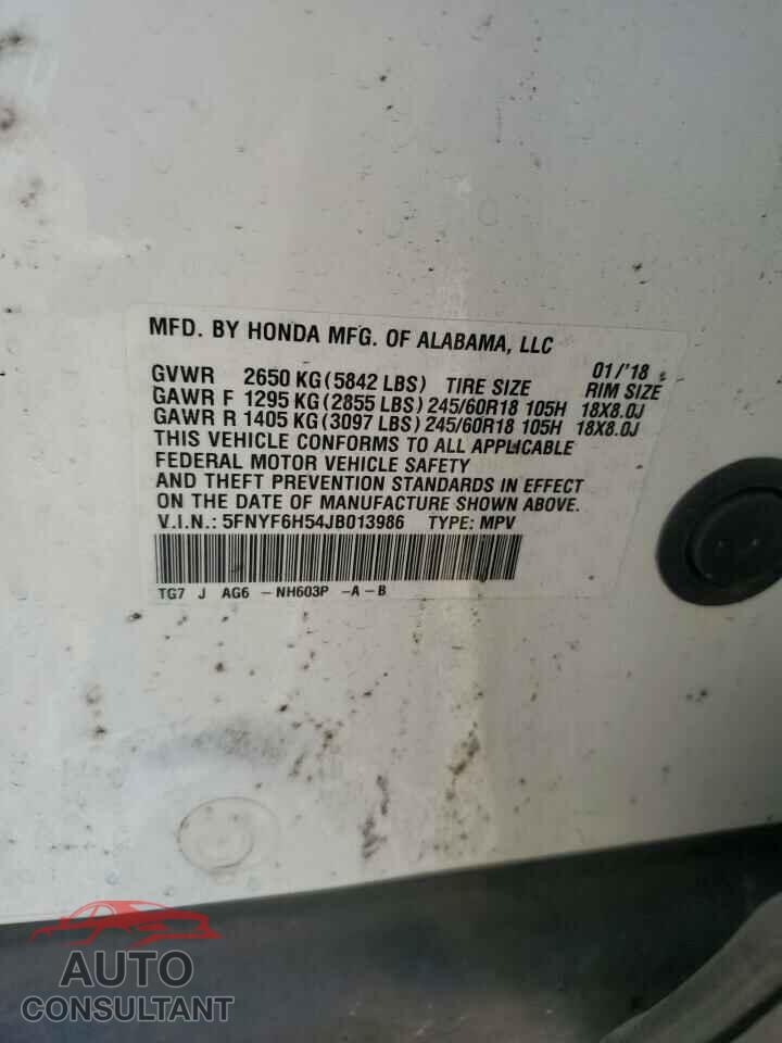 HONDA PILOT 2018 - 5FNYF6H54JB013986
