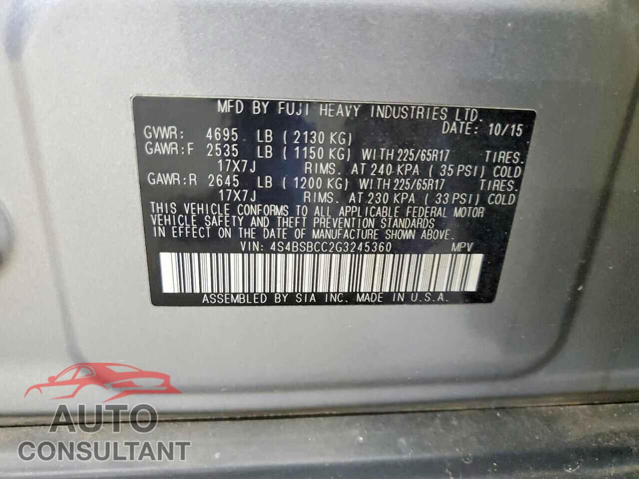 SUBARU OUTBACK 2016 - 4S4BSBCC2G3245360