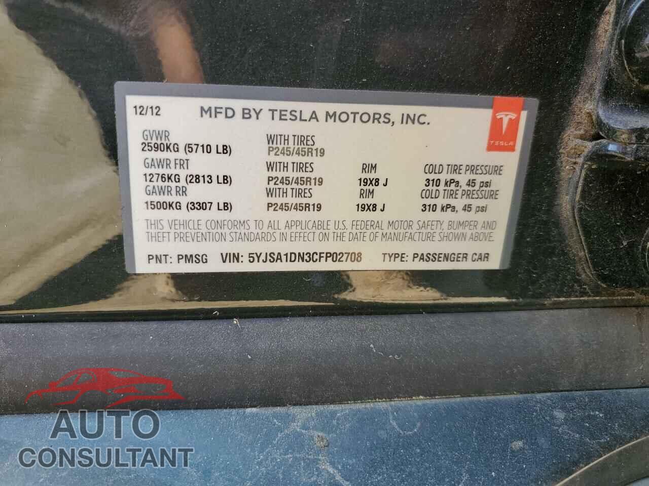 TESLA MODEL S 2012 - 5YJSA1DN3CFP02708