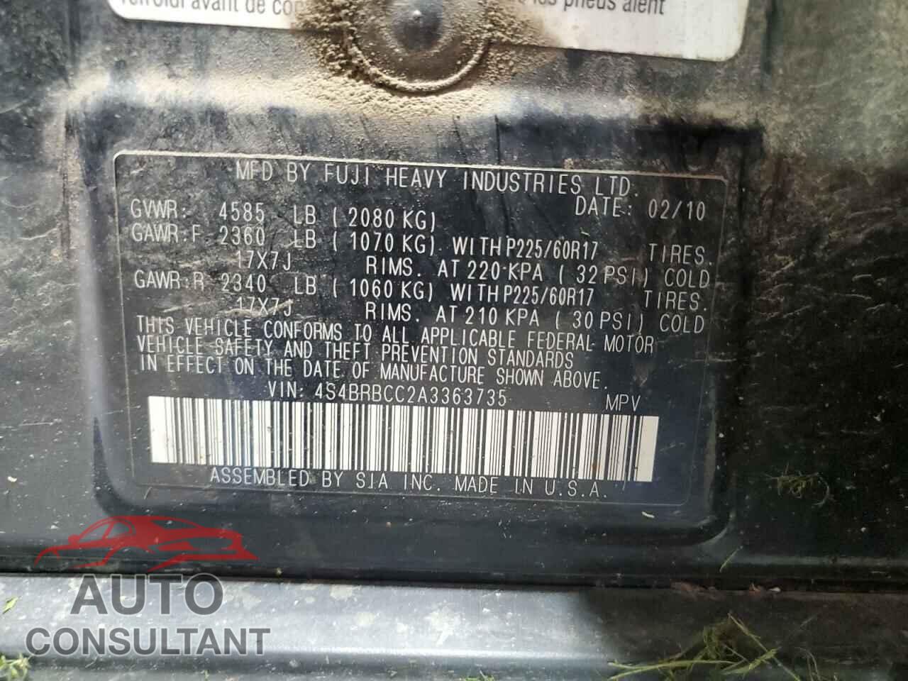 SUBARU OUTBACK 2010 - 4S4BRBCC2A3363735