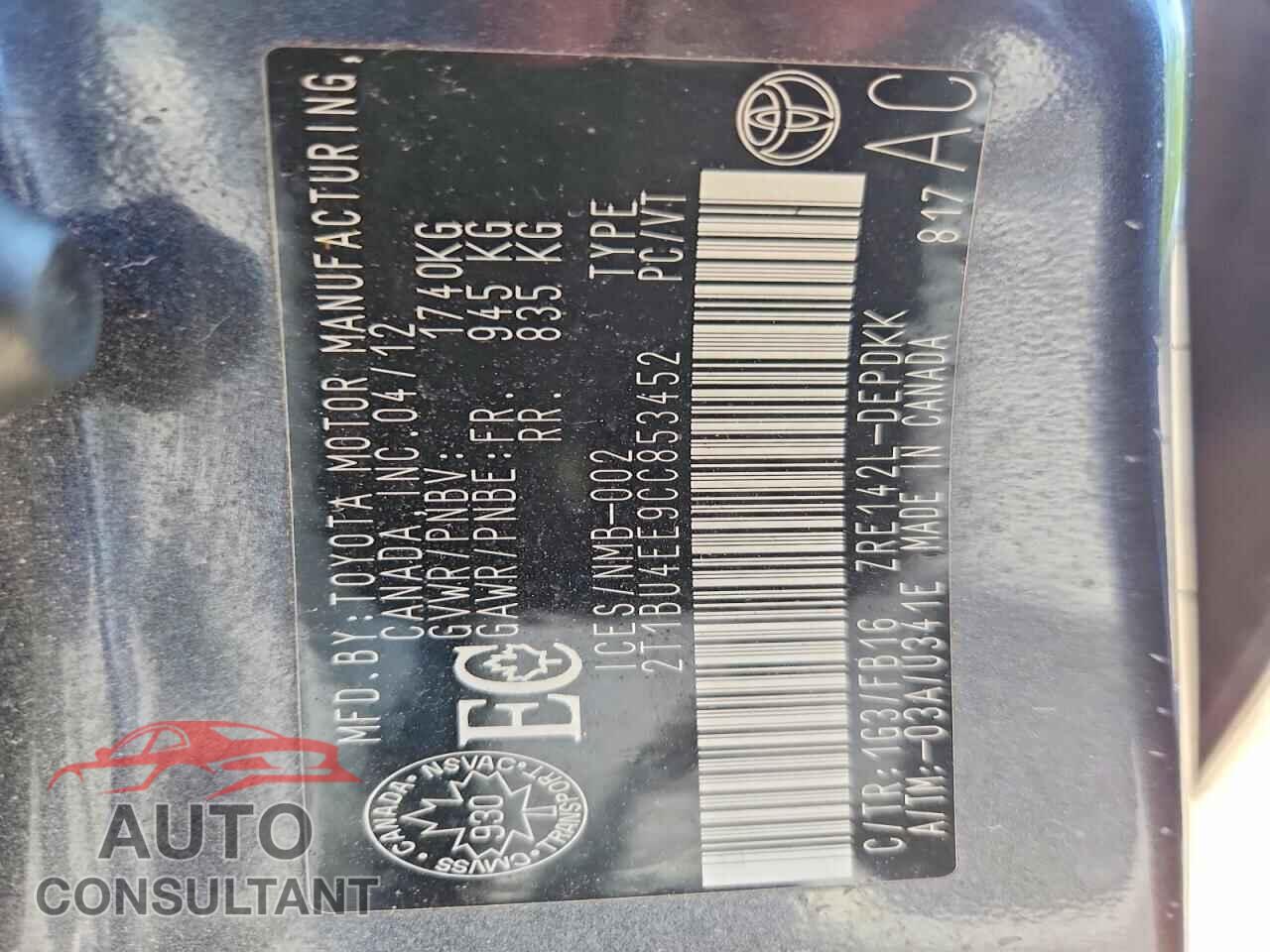 TOYOTA COROLLA 2012 - 2T1BU4EE9CC853452