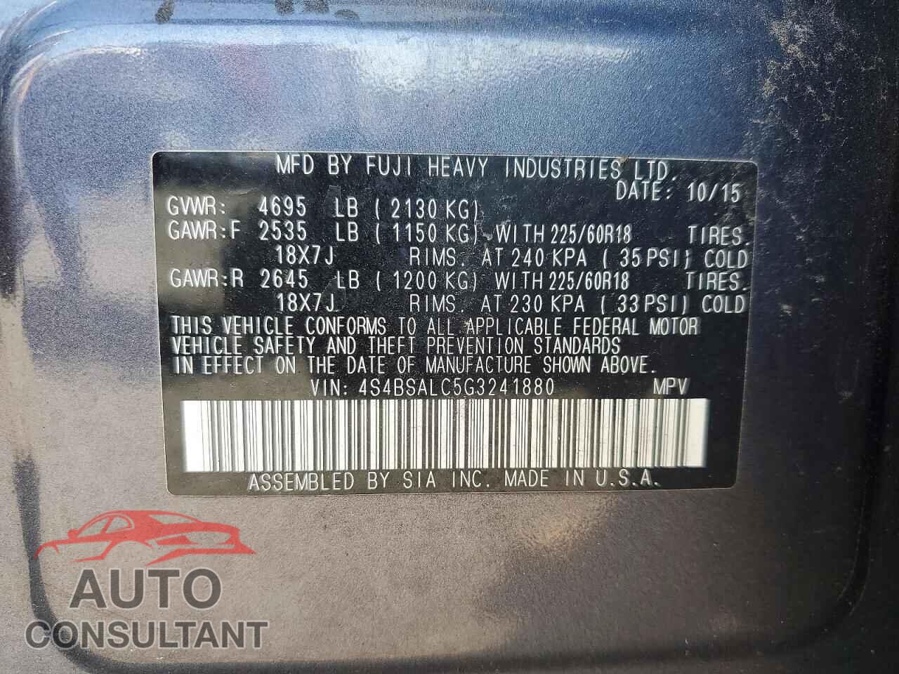 SUBARU OUTBACK 2016 - 4S4BSALC5G3241880