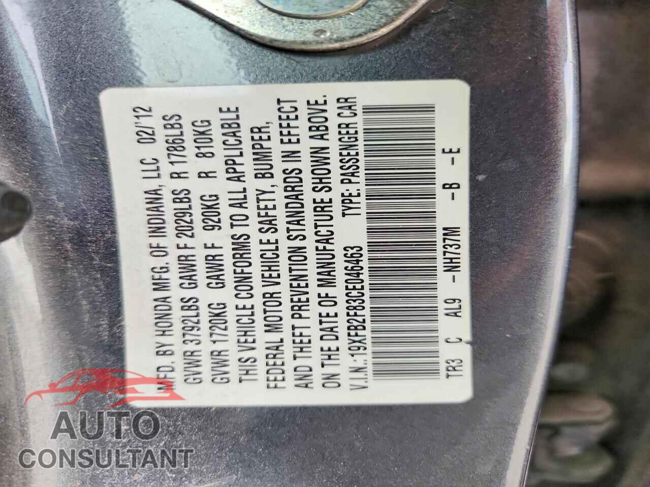 HONDA CIVIC 2012 - 19XFB2F83CE046463