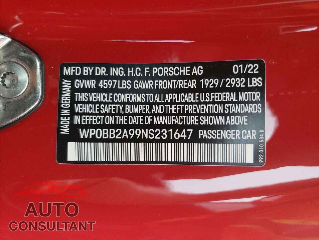 PORSCHE 911 2022 - WP0BB2A99NS231647