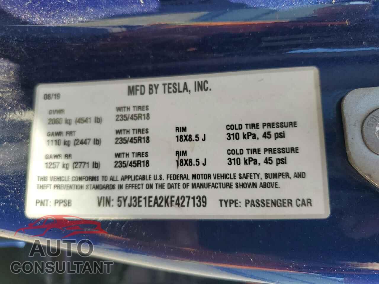 TESLA MODEL 3 2019 - 5YJ3E1EA2KF427139