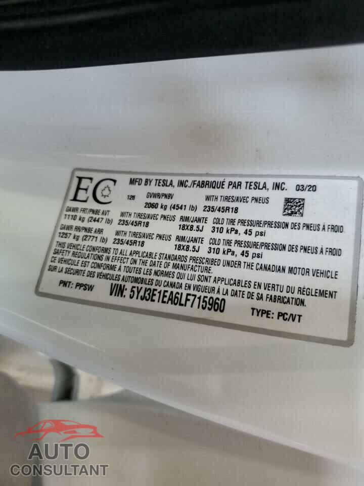 TESLA MODEL 3 2020 - 5YJ3E1EA6LF715960