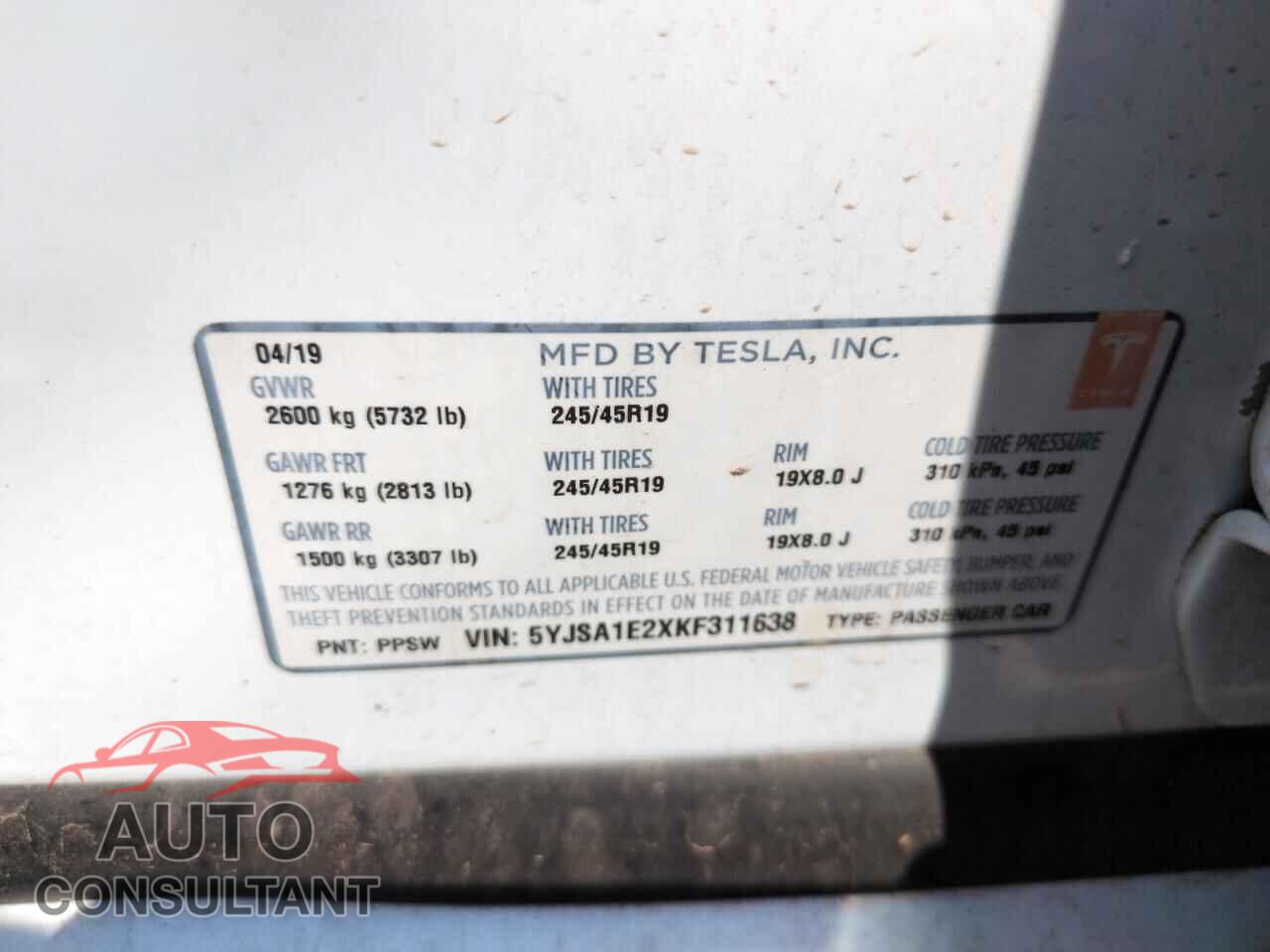 TESLA MODEL S 2019 - 5YJSA1E2XKF311638