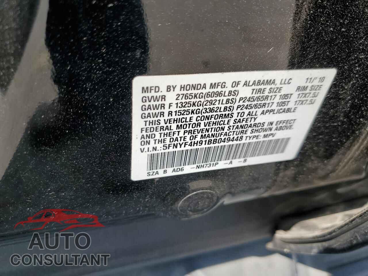 HONDA PILOT 2011 - 5FNYF4H91BB049448